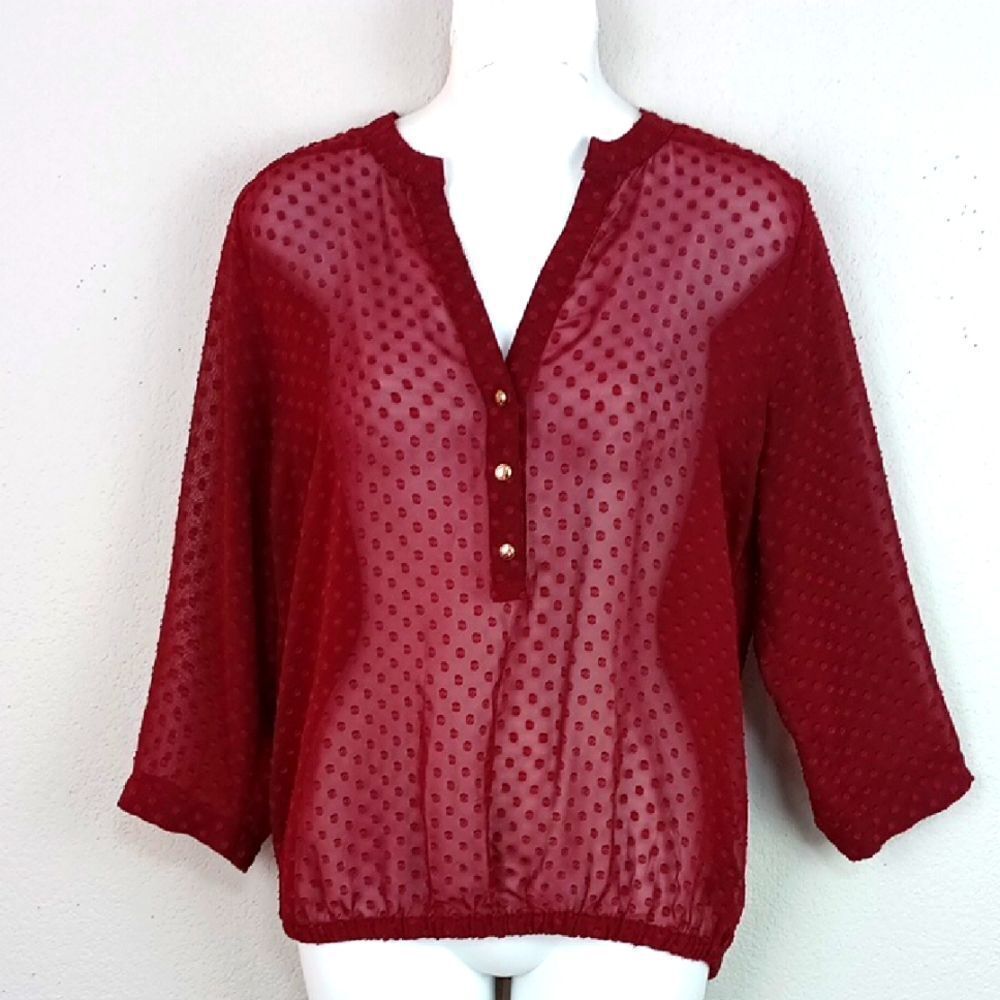 The Limited Women Burgundy Sheer Poka Dot Long Sleeve Top Sz M
